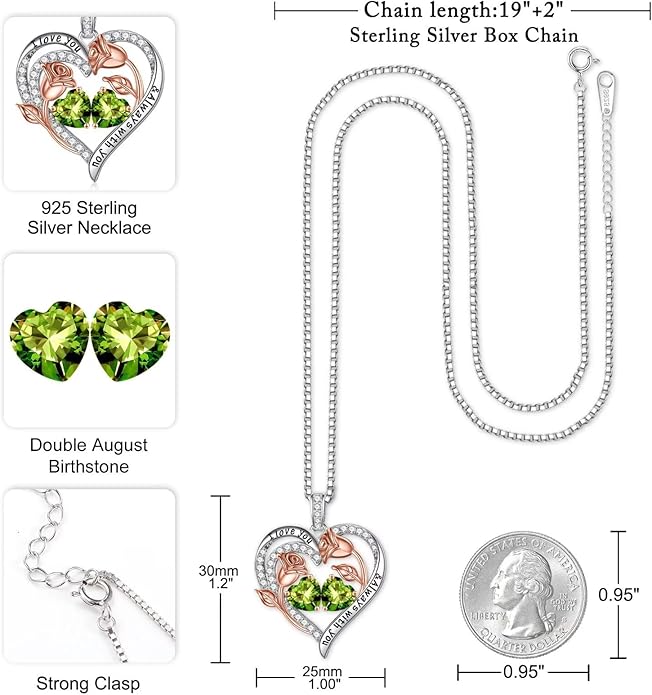 Iefil Birthstone Necklace for Women - 925 Sterling Silver Rose Heart Birthstone Necklace Birthday Anniversary Jewelry Gifts for Her Wife Mom Daughter