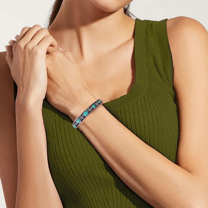 Native American Genuine Turquoise Cuff Bracelet for Women 925 Sterling Silver Turquoise Boho Bangle Adjustable Fit for 6.5 to 7.5 Inch