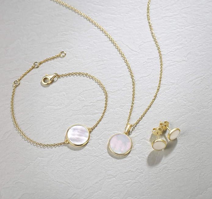 AGVANA Valentines Day Gifts 14K Solid Real Gold Coin Necklace Bracelet for Women Mother of Pearl/Abalone/Turquoise/Black Onyx/Opal Fine Jewelry Anniversary Birthday Gifts for Women Mom Wife Her