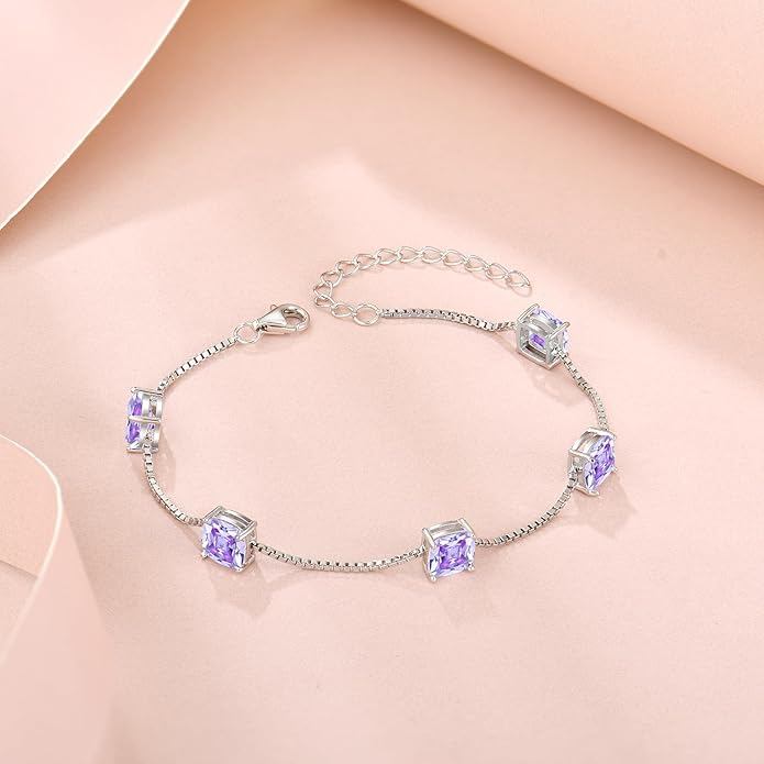 Birthstone Bracelet for Women 925 Sterling Silver Dainty Princess Cut Link Bracelet Jewelry Gifts for Her