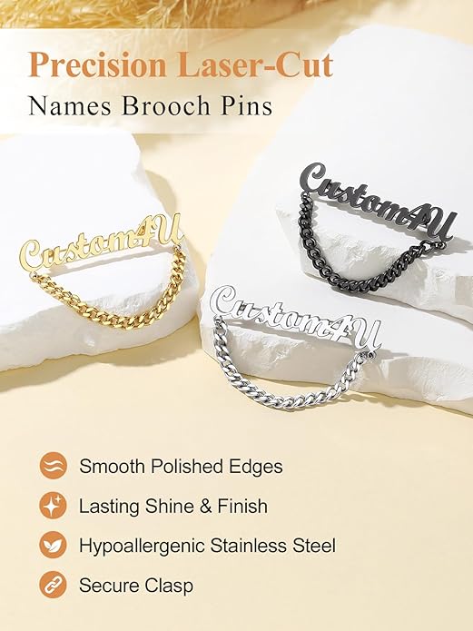 Custom4U Custom Name Pin Personalized Brooch Pins for Women Men Stainless Steel Name Tag with Letters/Initials - Silver/Gold/RoseGold/Black Customized Jewelry Gifts for Birthday Wedding Business Party