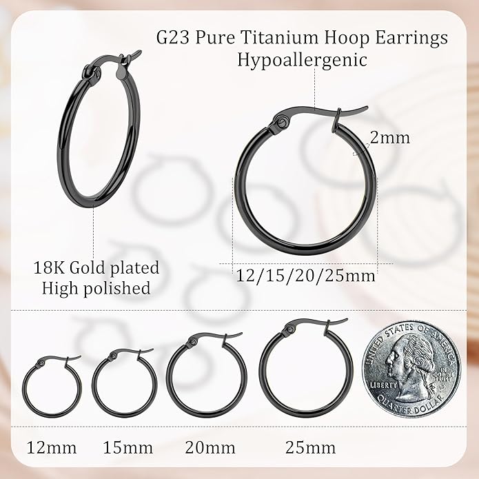 4 Pairs Titanium Hoop Earrings for Sensitive Ears Hypoallergenic Pure Titanium Earrings for Women Men G23 Lightweight Small Huggie Hoop Earrings Set 12MM 15MM 20MM 25MM