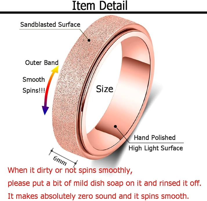 AmorArtSky Anxiety Ring for Women Men, Titanium Stainless Steel Spinner Ring, 5 Colors, 6MM, Size 6-10, 3 Styles Anxiety Ring-Moon Star, Sandblasted Finished, Hollow Outer