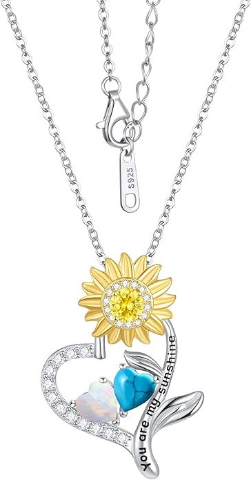 PERJI Valentine's Day Gifts for Women - 925 Sterling Silver Double Birthstone Sunflower Necklace, Anniversary Birthday Jewelry You are My Sunshine Gifts for Wife Couple Girlfriend 18"+2" Non Tarnish