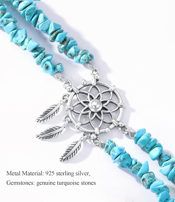 Boho Genuine Turquoise Bracelet for Women Western 925 Sterling Silver Gemstone Tree of Life Dream Catcher Sunflower Bracelets Jewelry for Her