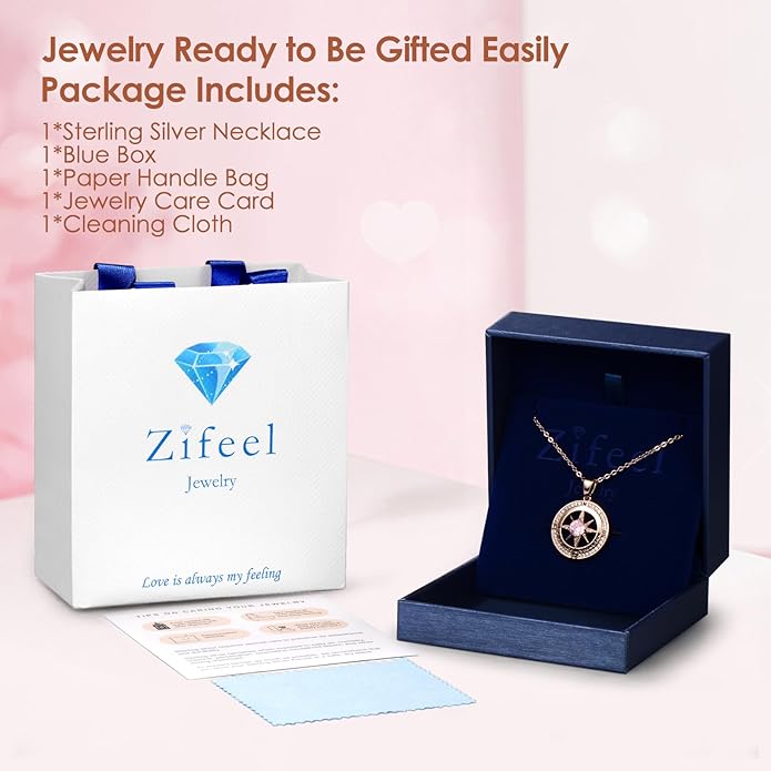 Zifeel Compass Necklace Gifts for Women wife - S925 Sterling Silver Birthstone Necklaces for Women - Anniversary Birthday Gifts for Her Wife Girlfriend - Valentines Mom Mothers Day Christmas Gifts Jewelry for Women