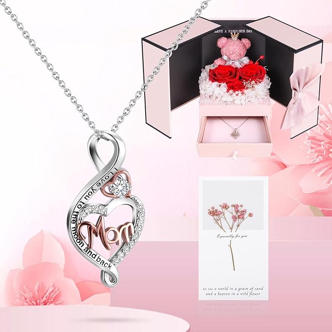 ADDWel Gifts for Mom from Daughter and Son, Unique Mom Birthday Gift Idea, Preserved Real Roses with Sterling Silver Mom Necklace, Cool Present to Mother Mama