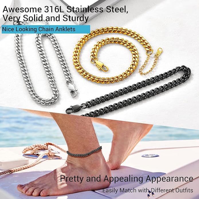 PROSTEEL Stainless Steel Chain Anklets for Women, Silver/Gold Tone, Ankle Bracelets Hypoallergenic, 8-10.5 Inch Adjustable, Come with Box