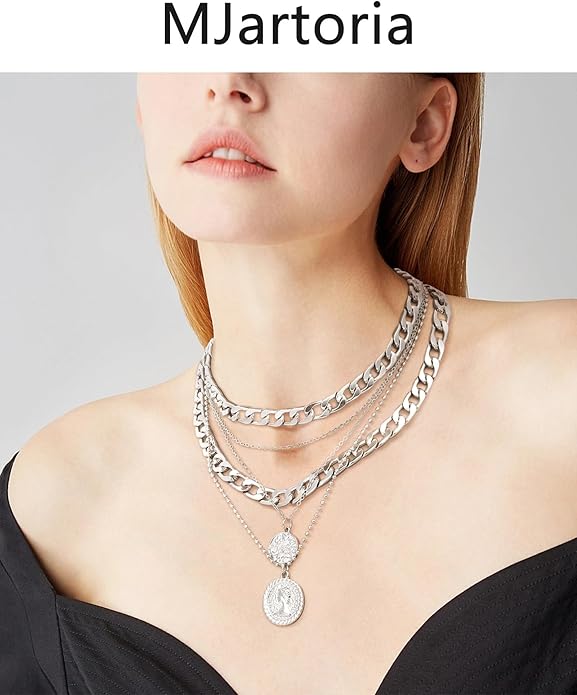 MJartoria Layered Necklaces for Women Trendy Retro Coin Pendant Necklace Dainty Chunky Chain Choker Necklaces for Jewelry Birthday Gifts