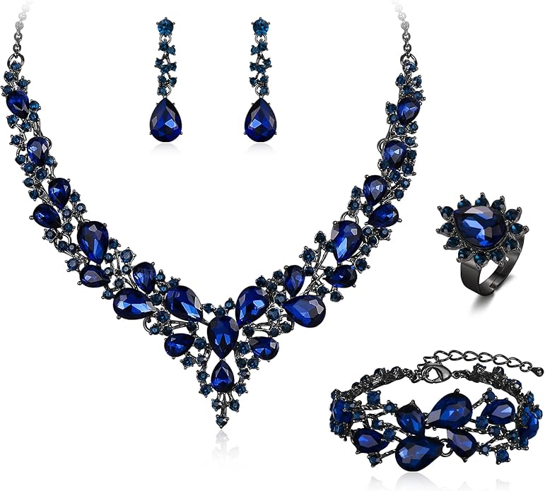 BriLove Wedding Bridal Jewelery for Women Austrian Crystal Teardrop Cluster Statement Necklace Dangle Earrings Link Bracelet Set