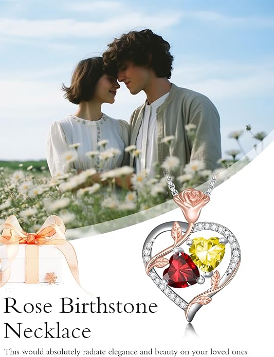 Christmas Gifts for Women Rose Heart Birthstone Pendant Necklace I Love You Forever Jewelry Valentine Mothers Day Birthday Gifts for Women Her Wife Girlfriend