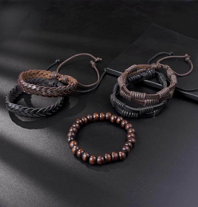 Tornito 15Pcs Braided Leather Bracelet Boho Cuff Wrap String Wood Bead Woven Ethnic Stretch Wristbands Bracelets Set for Men Women Size Adjustable
