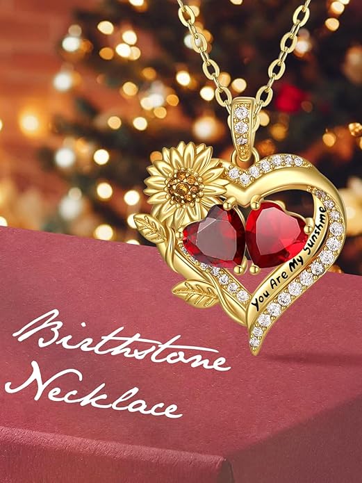 Sunflower Heart Necklace for Women 14K Gold Exquisite Anniversary Birthday Gifts for Wife Mother Her Double Birthstone Pendant jewelry‘You Are My Sunshine’