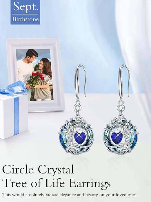 TOUPOP Tree of Life Birthstone Earrings for Women 925 Sterling Silver Family Tree Dangle Earrings Austrian Crystal Jewelry Birthday Christmas Gifts for Her Girlfriend Wife Mom