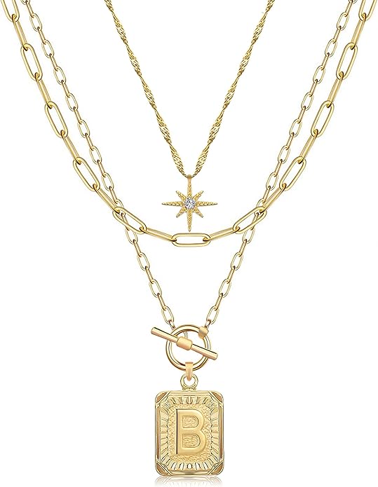 MJartoria Layered Initial Necklaces for Women Trendy, 14K Gold Plated Brass Simple Star Choker Square Letter Pendant Necklace, Paperclip Chain Necklaces Jewelry Gifts