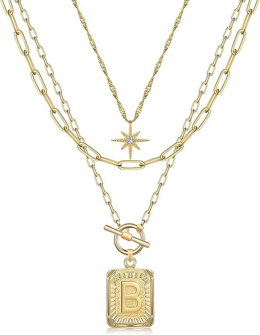 MJartoria Layered Initial Necklaces for Women Trendy, 14K Gold Plated Brass Simple Star Choker Square Letter Pendant Necklace, Paperclip Chain Necklaces Jewelry Gifts