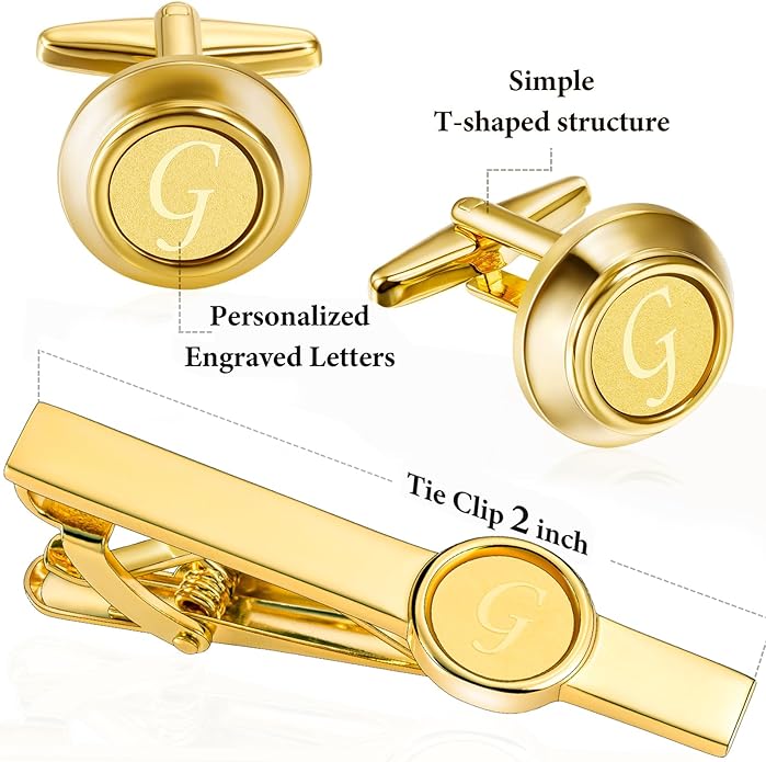 HAWSON 2 inch Tie Clips and Cufflinks Sets for Men A-Z Gold Engraved Letter Cufflinks and Tie Clips Sets for Formal Business Wedding