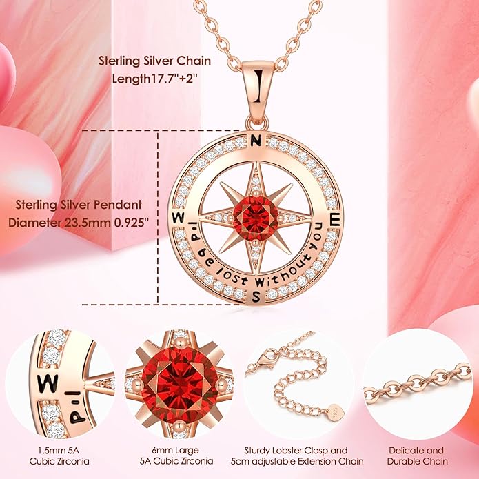 Zifeel Compass Necklace Gifts for Women wife - S925 Sterling Silver Birthstone Necklaces for Women - Anniversary Birthday Gifts for Her Wife Girlfriend - Valentines Mom Mothers Day Christmas Gifts Jewelry for Women