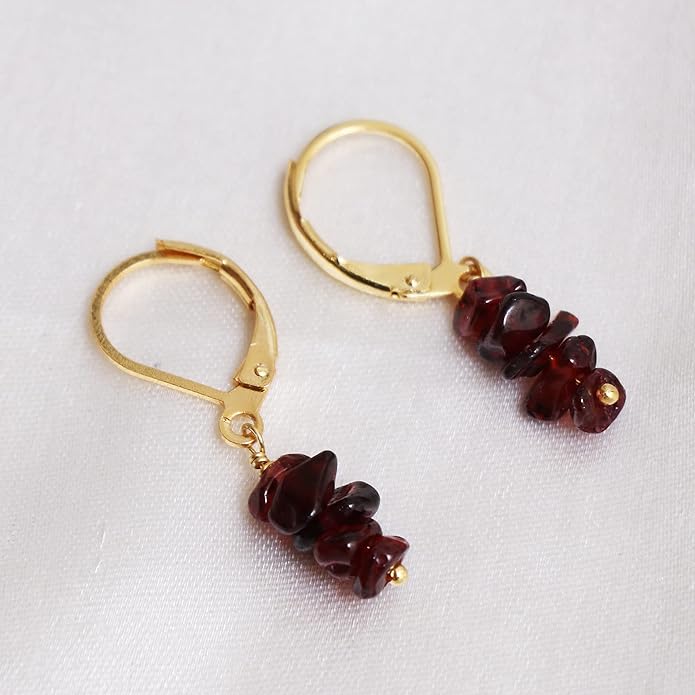 Gempires Red Garnet Crystal Dangle Earrings January Birthstone Gemstone Jewelry Hypoallergenic Gold Plated Lightweight Leverback Earrings For Women
