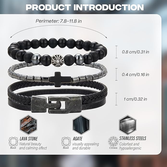 3pc Mens Beaded Bracelets Silver Stainless Steel Chain Bracelet for Men Handmade Braided Bracelet Sets Jewelry Gifts for Men