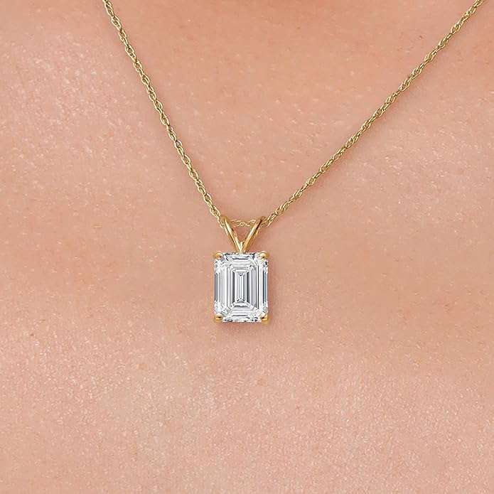 Gem Stone King 1 to 5 Carat 14K Gold IGI Certified Lab Grown Diamond Pendant Necklace For Women | Emerald Cut | E-F Color | VS1-VS2 Clarity | With 18 Inch Gold Chain
