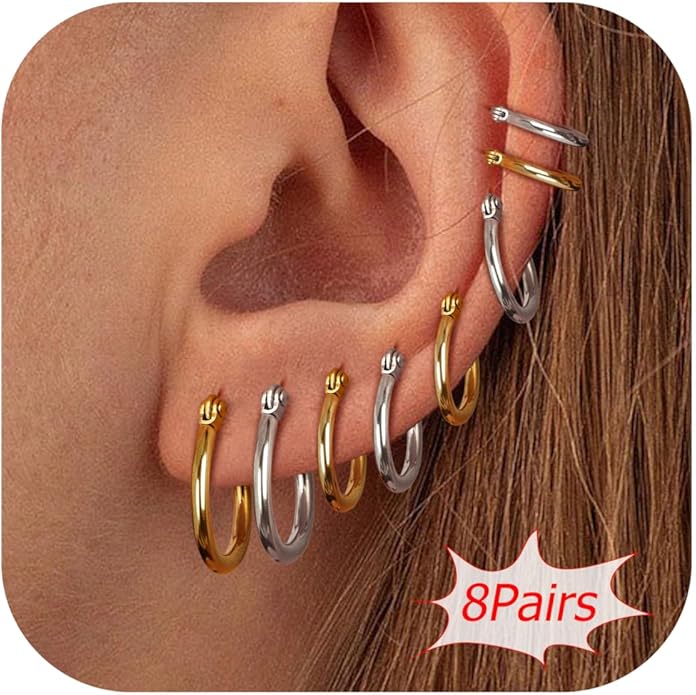 LOYALLOOK Gold Hoop Earrings Set Stainless Steel Rounded Small Hoop Earrings Set for Women Cute Huggie Earrings Nickel Free 10/12/15/20MM