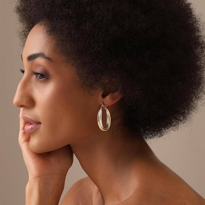 LeCalla 925 Sterling Silver Chunky Hoop Earrings | 14K Two-Tone Three-Tone Hoop Earrings | Intertwining Oval Shape Polished Twisted Hoop Earrings for Women