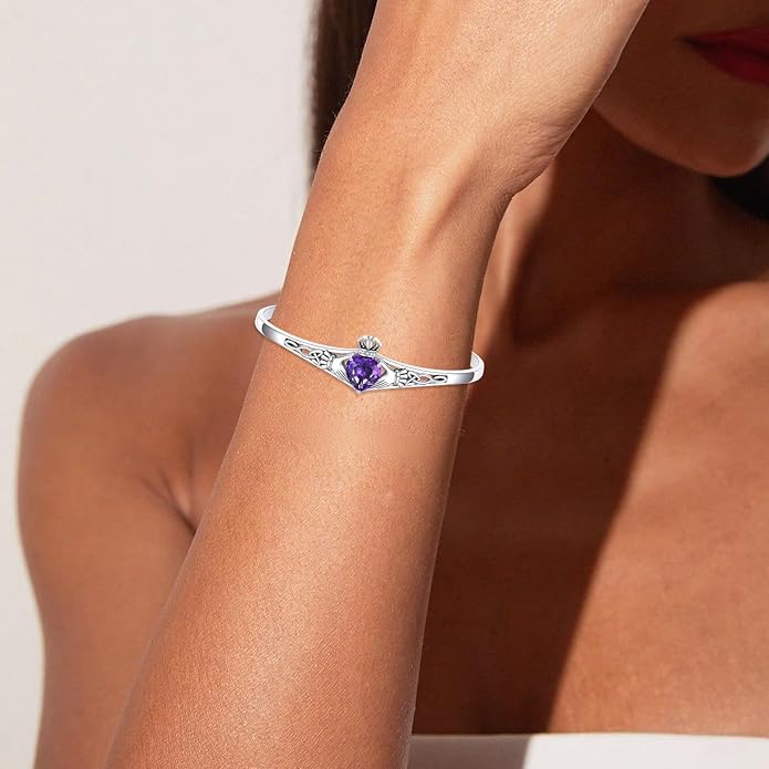 Genuine Amethyst Claddagh Cuff Bracelet for Women, 925 Sterling Silver Adjustable Celtic Knot Bangle, Irish Good Luck Friendship Gift for Her