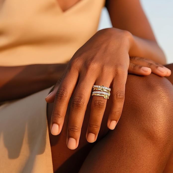 Gold Stackable Rings for Women Non Tarnish, 18K Gold Plated CZ Cubic Zirconia Rings, Golden Rings Set, Multi-Link Connected Rings