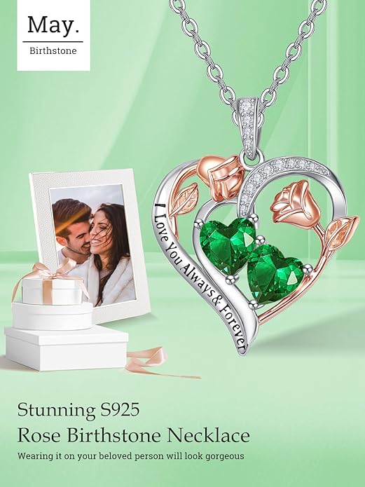 Zeuslia Double Birthstone Necklace Gifts for Wife - 925 Sterling Silver Sunflower/Rose/Crown Cross/Compass/Heart Pendant I Love You Necklace, Anniversary Birthday Gifts for Wife Girlfriend Mom Her