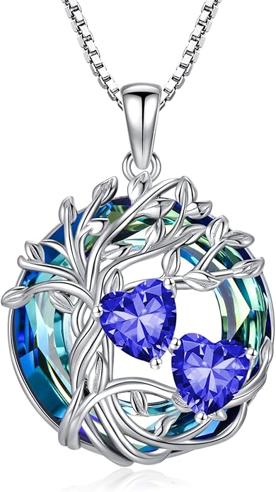 TOUPOP s925 Sterling Silver Family Celtic Tree of Life Pendant Necklaces with 2 Heart Birthstone with Blue Austrian Crystal Jewelry Birthday Anniversary Christmas Gifts for Her Wife Girlfriend Mom (18K Real White Gold Filled)