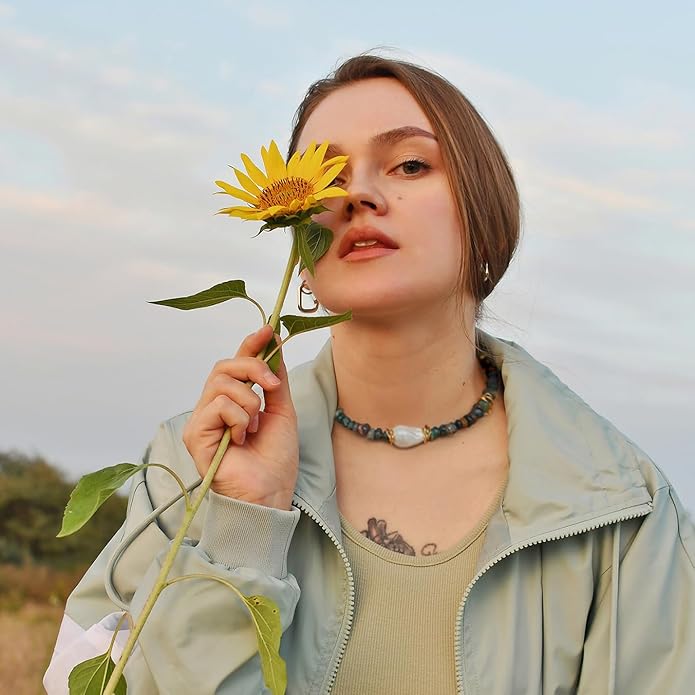 Chunky Statement Stone Beaded Necklace, Big Baroque Pearl Gold Choker, Trendy Boho Colorful Stone Jewelry