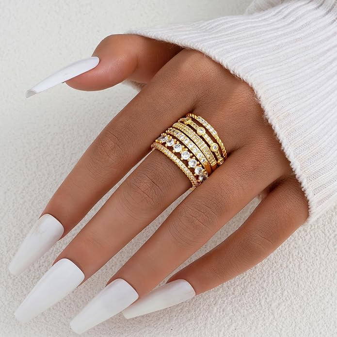 FAXHION Gold Rings for Women Non Tarnish, 14k Gold Plated Stacking Cubic Zirconia Thumb Ring Set, Dainty Gold Knuckle Women Rings Set Size 5 6 7 8 9 10