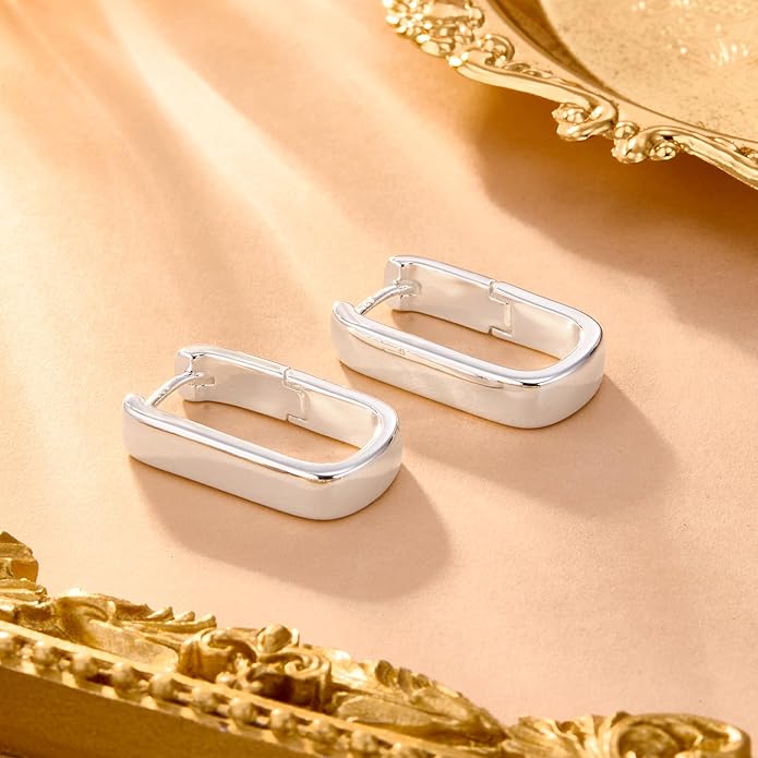 925 Sterling Silver Hoop Earrings for Women Small Square Hypoallergenic 14K Gold Plated Hoop Earrings Geometric Minimalist Rectangle Hoops