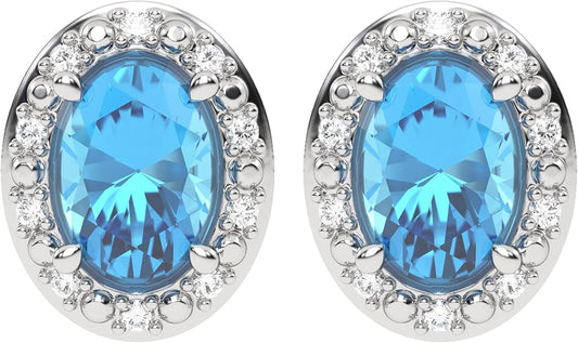 10K White Gold Oval Gemstone and Natural Round Diamonds Stud Earrings for Women - Hypoallergenic Trendy Ladies Earrings for Women - Jewelry Gifts for Wife