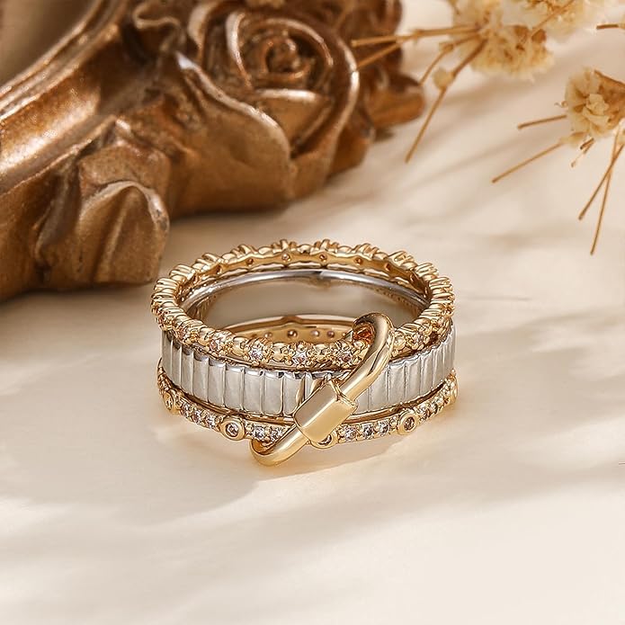 GT YIFU Statement Rings for Women, 18k Gold Plated Stackable Cubic Zirconia Rings, Silver Gold Multi Ring Mixed Metals Stackable Ring Set for Women Non Tarnish