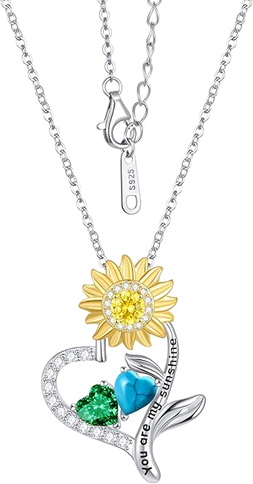 PERJI Valentine's Day Gifts for Women - 925 Sterling Silver Double Birthstone Sunflower Necklace, Anniversary Birthday Jewelry You are My Sunshine Gifts for Wife Couple Girlfriend 18"+2" Non Tarnish