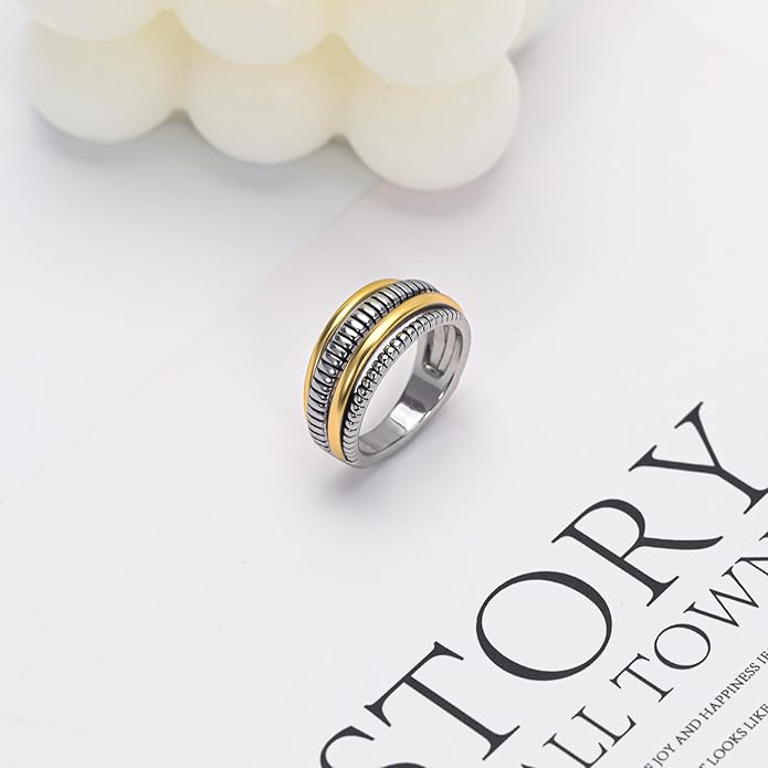 Two-Tone Wide Statement Ring for Women - Gold Silver Crossover Band with Ribbed Texture - Modern Fashion Jewelry Cocktail Ring - Mixed Metal Layered Design