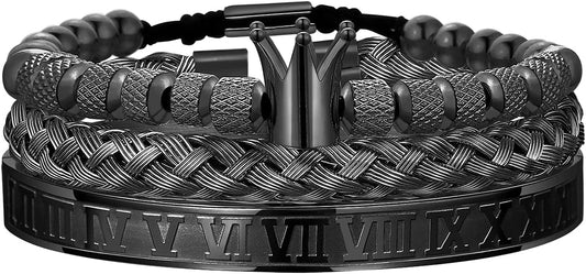 WFYOU 3PCS Stainless Steel Bracelets for Men Gold Roman Numeral Bangle Bracelet Twisted Cable Bracelet Adjustable Cuff Bracelet Mens Luxury Jewelry Bracelets Gifts