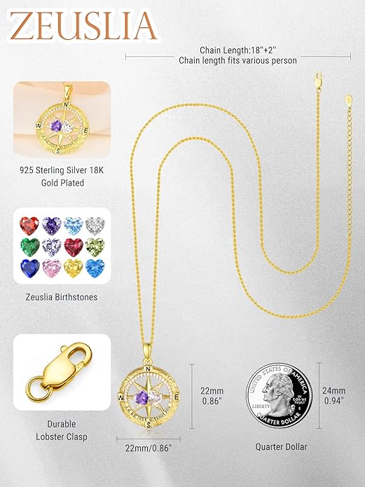 Zeuslia Double Birthstone Necklace Gifts for Wife - 925 Sterling Silver Sunflower/Rose/Crown Cross/Compass/Heart Pendant I Love You Necklace, Anniversary Birthday Gifts for Wife Girlfriend Mom Her