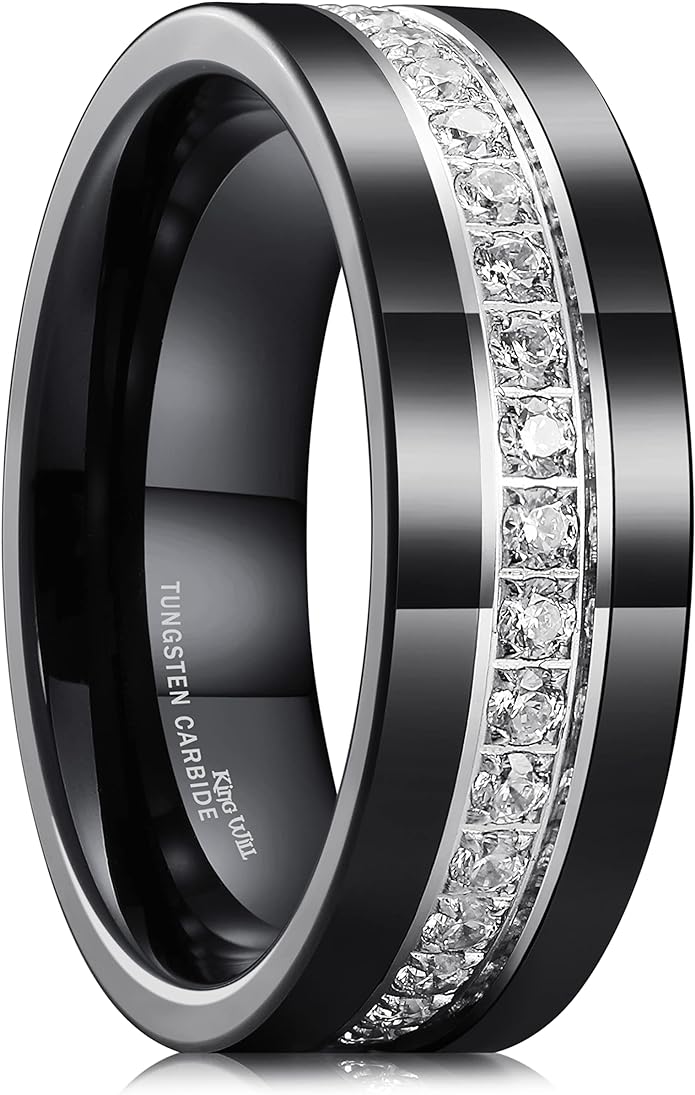King Will Mens Tungsten Wedding Band with Cubic Zircon Inlay 7mm/8mm Flat Cut Comfort Fit Engagement Rings