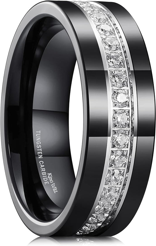 King Will Mens Tungsten Wedding Band with Cubic Zircon Inlay 7mm/8mm Flat Cut Comfort Fit Engagement Rings