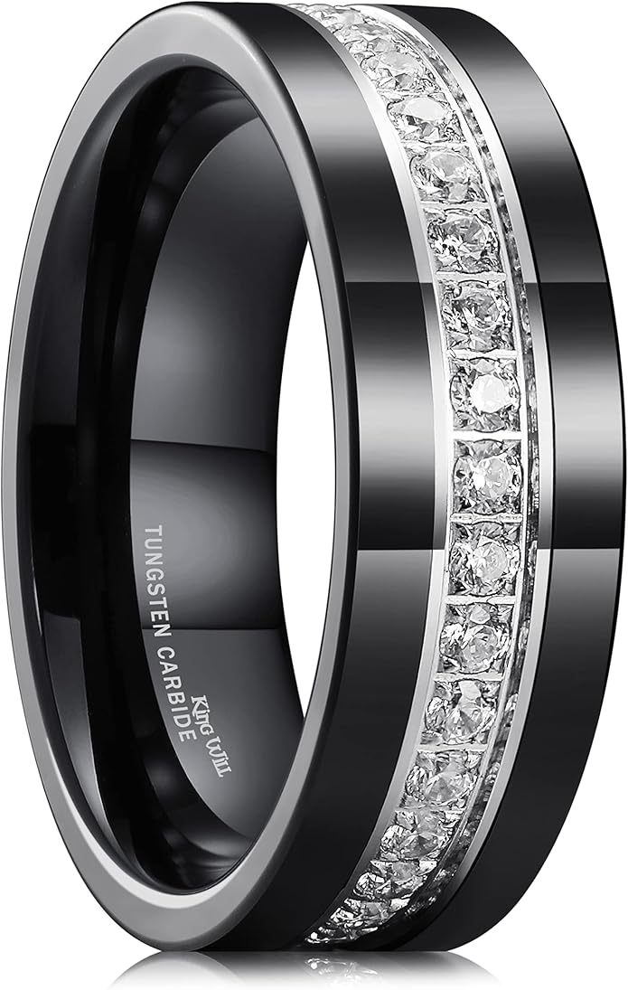 King Will Mens Tungsten Wedding Band with Cubic Zircon Inlay 7mm/8mm Flat Cut Comfort Fit Engagement Rings