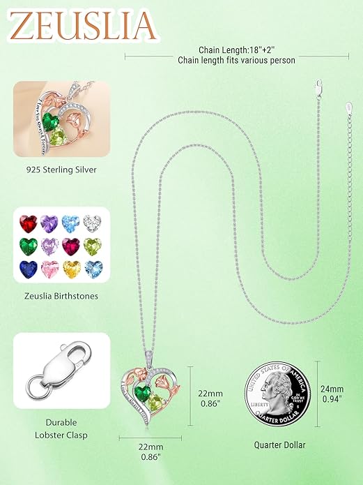 Zeuslia Double Birthstone Necklace Gifts for Wife - 925 Sterling Silver Sunflower/Rose/Crown Cross/Compass/Heart Pendant I Love You Necklace, Anniversary Birthday Gifts for Wife Girlfriend Mom Her