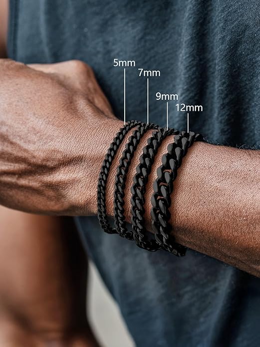 FaithHeart Mens Stainless Steel Cuban Link Bracelet - 5/7/9/12mm Width 7.5"/8.3"/9" Black/Silver/Gold Plated Heavy Duty Wrist Chain Bracelet Hip Hop Jewelry Birthday Gifts for Him