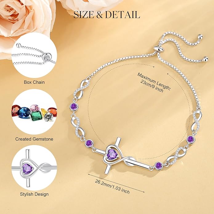 FANCIME Gift for Women Cross Bracelet 925 Sterling Silver Heart Birthstone Bracelet Fine Jewelry Birthday Gifts for Her Women