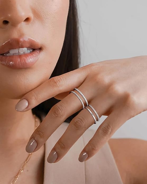 Gold Silver Stackable Rings for Women Non Tarnish 1.3mm Thin Silver Rings Set 14K Gold Plated Dainty Trendy Cubic Zirconia Band Stacking Thumb Ring Jewelry Gifts Size 5-10