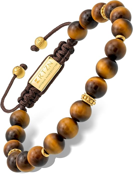 RTZN® Tigers Eye Bracelet for Men – Premium Artisan Handcrafted Golden Brown Tiger Eye Bead Bracelets – Natural Stone Tiger Eye Bracelet Men – Beaded Bracelets for Men
