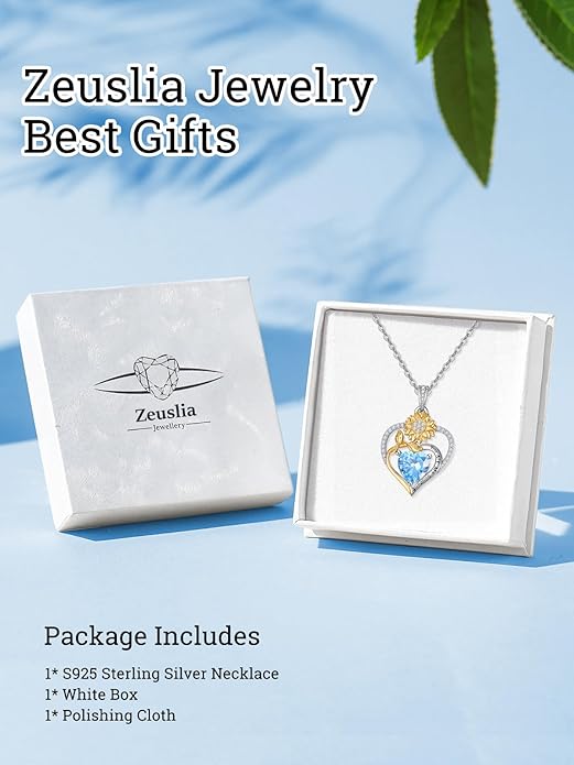 Zeuslia Double Birthstone Necklace Gifts for Wife - 925 Sterling Silver Sunflower/Rose/Crown Cross/Compass/Heart Pendant I Love You Necklace, Anniversary Birthday Gifts for Wife Girlfriend Mom Her