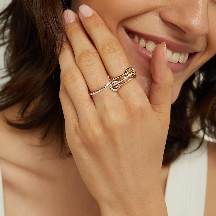 NOKMIT 14K Gold Plated 4 Interlocking Stackable Rings Set with CZ Cubic Zirconia Gold & Silver Mixed Metals Multi-Link Connected Statement Bands for Women Hypoallergenic Non Tarnish Jewelry Gifts